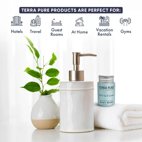 Vista 2 de Terra Pure White Tea & Coconut Body Wash, comodidades de hotel tamaño viaje, 1 onza (caja de 300)