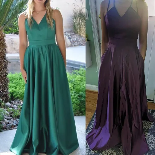 Vista 5 de Molisa Vestidos de fiesta de satén con cuello en V para mujer, con tirantes delgados, vestidos formales de fiesta de noche con bolsillos