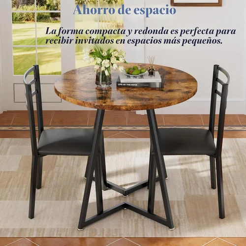 Vista 3 de VECELO Mesa de cocina redonda pequeña con 2 sillas tapizadas, juegos de comedor de madera de 3 piezas con marco de acero para rincón de desayuno