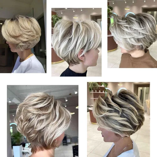Vista 3 de Aisaide Peluca Corta de Corte Pixie Gris Platino con Flequillo de Cortina Bob para Mujeres - Peluca Sintética con Raya Lateral Despeinada