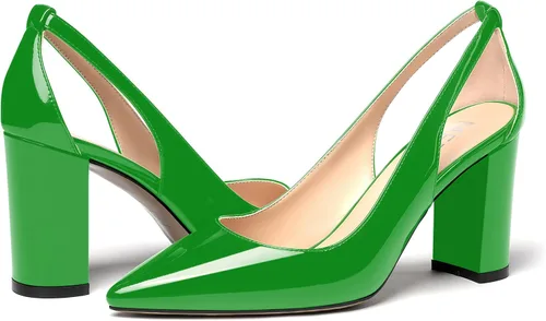 Vista 6 de MERRORI Zapatos de tacón alto grueso para mujer, tacón puntiagudo recortado, zapatos de patente de bloque de 3.3 pulgadas