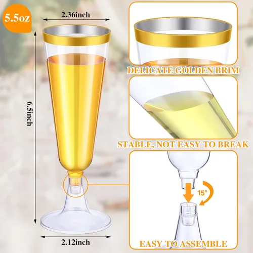Vista 2 de Thenshop 50 copas de champán de plástico desechables a granel de 5.5 onzas, copas de cóctel de mimosa transparente con borde, vasos desmontables