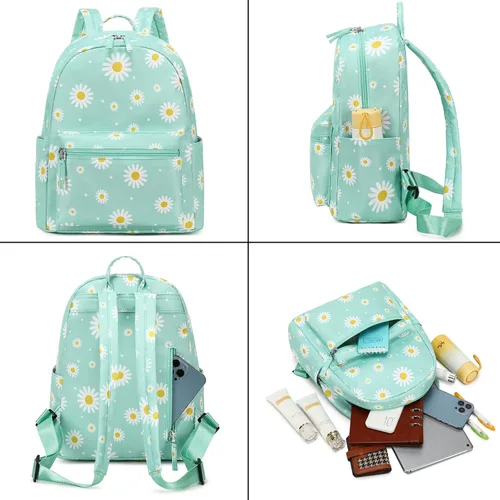 Vista 3 de LEDAOU Mini mochila para niñas, bonita mochila pequeña para mujeres, adolescentes, niños, escuela, viajes, bolso de hombro, Margarita blanca verde