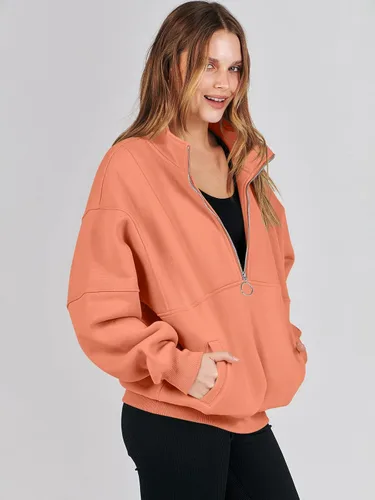 Vista 8 de ANRABESS Sudaderas de forro polar con media cremallera para mujer, de gran tamaño, con cremallera de un cuarto, ropa de moda para otoño de 2024