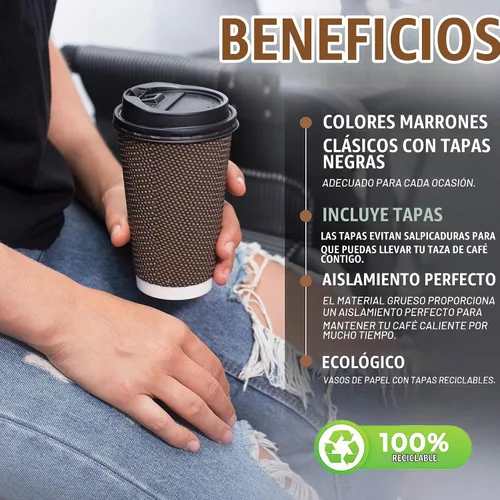 Vista 5 de Promora Tazas de café desechables marrones con tapas de 16 onzas, tazas de papel onduladas de papel aislado premium para café caliente