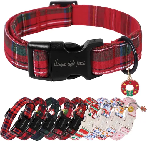 Vista 21 de Collar de perro de Navidad de Unique Style Paws con hebilla de plástico y colgante, a cuadros rojo y negro, collares de algodón para cachorros