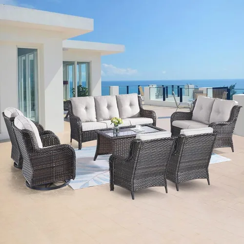 Vista 77 de Belord Mesa auxiliar pequeña para exteriores, mesa de mimbre de vidrio templado, mesa de centro impermeable para patio, mesa auxiliar de ratán