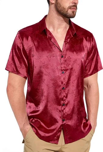 Vista 2 de THWEI Camisas de manga corta con botones y estampado floral de satén para hombre