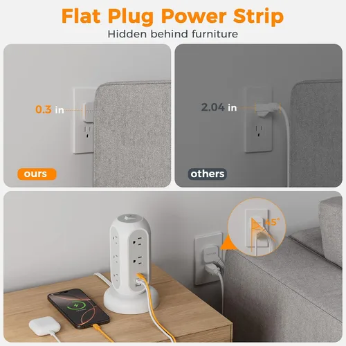 Vista 4 de Regleta con protector contra sobretensiones TESSAN, cable de extensión retráctil de 5 pies con múltiples tomas, 11 tomas con estación de carga de 3