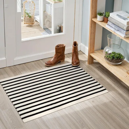 Vista 8 de KIMODE - Alfombra de algodón tejida con diseño a rayas en color negro, para puerta de entrada, cocina, decoración de estilo rústico Striped