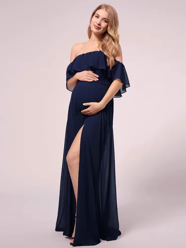 Vista 3 de Ever-Pretty Vestido de fiesta de embarazo con hombros descubiertos y abertura lateral larga de gasa con volantes para mujer, vestidos de fotografía