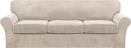 Vista 32 de FantasDecor Fundas de terciopelo para sofá de 2 piezas para sala, con cojín individual, protector elástico de muebles para mascotas, lavable a Negro