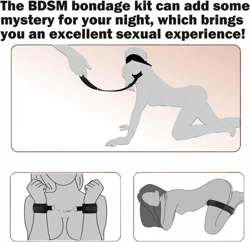 Vista 4 de Juego de 5 piezas de juguetes sexuales BDSM, correas de sujeción para la cama, puños sexuales con los ojos vendados, esposas sexis para adultos