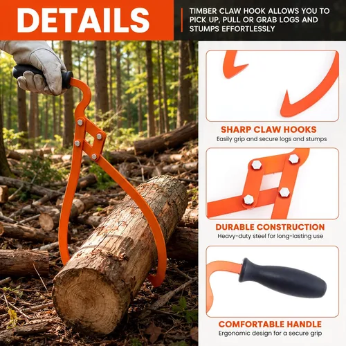 Vista 3 de Blulu 1 Pcs 16 Inch 2 Claw Log Tongs Logging Skidding Tongs with Non Slip Grip Stainless Steel Hand Log Grapple Lifter Handling, Dragging, Carrying