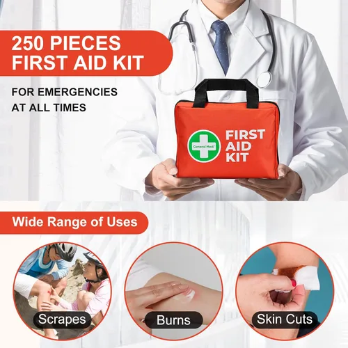 Vista 4 de General Medi Kit de primeros auxilios, kit de primeros auxilios pequeño de 250 piezas, incluye manta de aluminio de emergencia, paquete frío