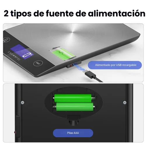Vista 3 de CROWNFUL Báscula de alimentos, 33 libras, recargable, de acero inoxidable 304, báscula digital de cocina, gramos, onzas y onzas, con pantalla LCD