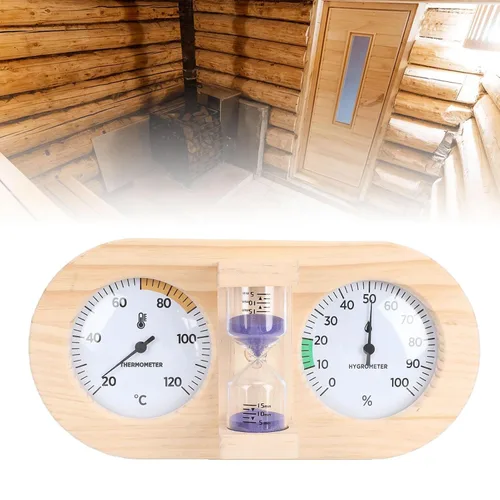 Vista 2 de Wooden Sauna Thermometer Hygrometer, Dual Dial Design with Sand Timer Function for Home and Commercial Sauna Rooms