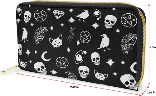 Vista 2 de Cartera larga con cremallera para mujer, organizador multifunción, bolso de mano, gato calavera, Cartera larga con cremallera alrededor