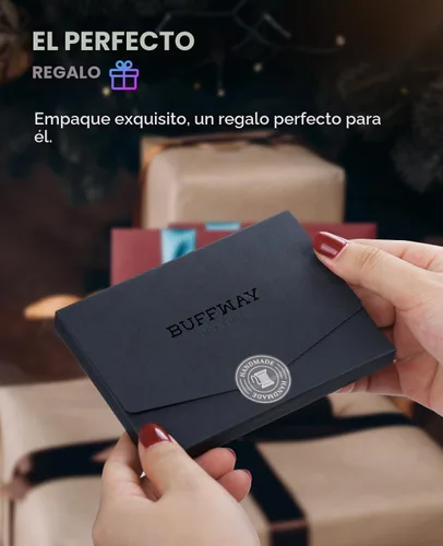 Vista 8 de Buffway Cartera delgada para hombres y mujeres, minimalista, pequeña, de cuero, con bolsillo frontal, con bloqueo RFID y caja de regalo, Pequeña