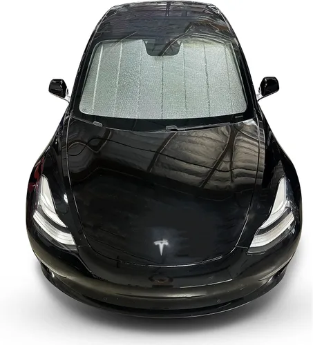 Vista 3 de Hecho en Estados Unidos – Parasol para parabrisas de ajuste personalizado – Parasol reversible para Tesla Model 3 2018-2023