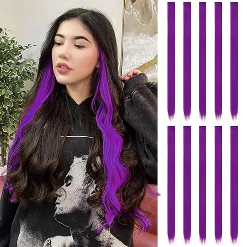 Vista 10 de FESHFEN Juego de 12 extensiones de cabello con clip, color negro, con clip, con purpurina, kit de accesorios coloridos para mujeres, de 20 pulgadas