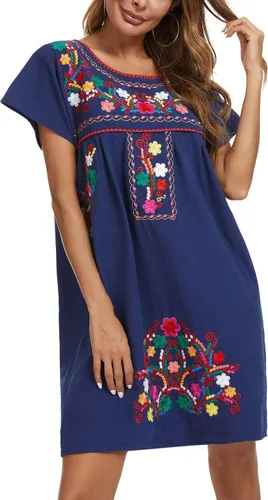 Vista 5 de YZXDORWJ - Vestido mexicano bordado de manga corta para mujer