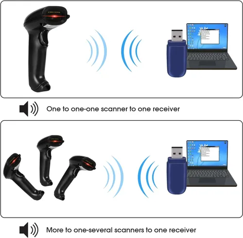Vista 5 de WoneNice Escáner de código de barras inalámbrico 2.4G - Lector de código de barras inalámbrico de mano 1D para venta al por menor, almacén, Negro