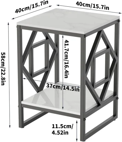 Vista 3 de Mesa auxiliar de piedra sinterizada: mesa de centro pequeña cuadrada blanca de 2 niveles con marco negro - Sofá moderno mesita de noche para sala