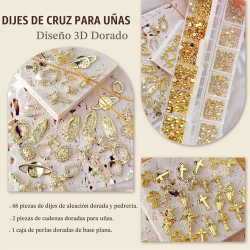 Vista 2 de Dijes de cruz 3D para uñas, cuentas doradas de perlas de uñas con parte trasera plana para manualidades, bonitos dijes de uñas Y2K con diamantes