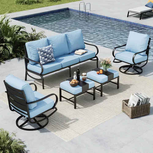 Vista 18 de MFSTUDIO Juegos de muebles de patio, sofás de conversación de metal para exteriores con 1 sofá de 3 asientos para jardín, cojín beige