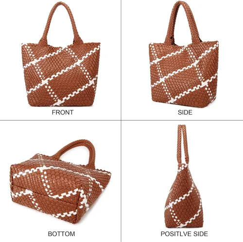 Vista 6 de Bolso de mano tejido de moda para mujer, bolso de compras de cuero vegano suave tejido a mano con bolso