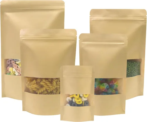 Vista 7 de SumDirect Bolsas de pie de estraza – 50 bolsas de papel kraft resellables con ventana, bolsas de almacenamiento de alimentos con cremallera