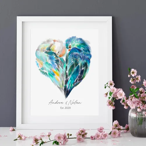 Vista 2 de Triple Studio Regalo de boda personalizado, impresión artística de pájaro con nombre y fecha personalizados, celebración de aniversario para novio