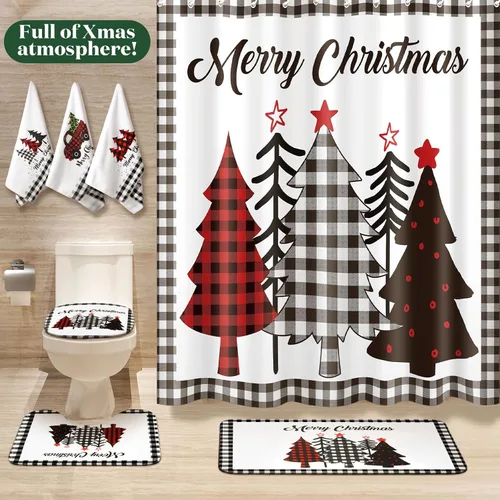 Vista 6 de Newwiee Juego de 7 Piezas para Baño de Navidad Decoración de Cortina de Ducha Xmas Cortina de Ducha Alfombras Antideslizantes y Toallas de Cocina 3