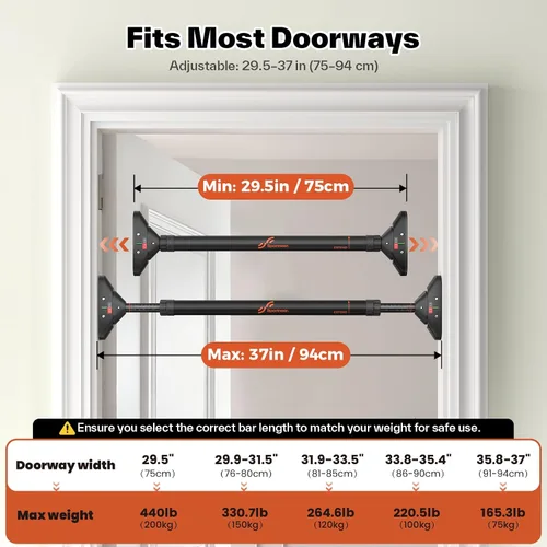 Vista 7 de Sportneer Pull Up Bar Doorway Chin Up Bar No Screws Door Frame Chin Up Push Up Sit Up Bar Adjustable 75-94cm (29.5''-37'') Up to 200kg Capacity