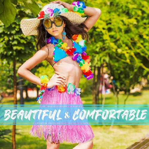 Vista 6 de Paquete de 10 accesorios de disfraz de falda hula hawaiana, faldas de hierba hawaiana para fiesta Luau, diadema hawaiana, flores, collar, pulseras