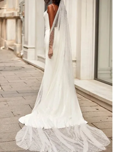 Vista 3 de Unsutuo Pearl Bride - Velo de novia de 1 nivel, velo de tul de novia con tocado para mujeres y niñas (L118 pulgadas, W59 pulgadas, Blanco)