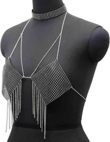 Vista 5 de Camiseta corta sin espalda con diamantes de imitación brillantes para mujer, sexy, halter, transparente, para salir por la noche, fiesta, club