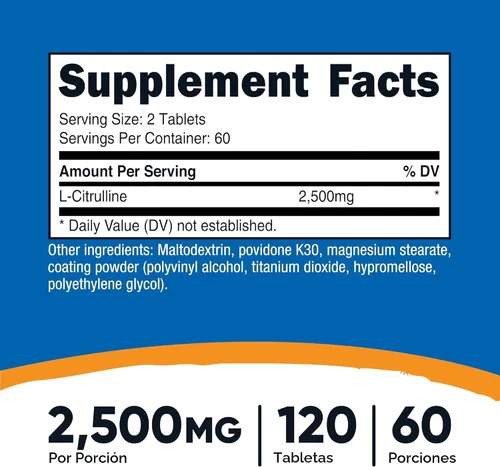 Vista 2 de Nutricost L-citrulina 2500 mg por porción, 60 porciones, 1250 mg por tableta, 120 tabletas - Suplemento sin OMG y sin gluten