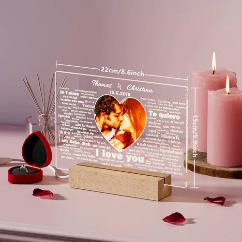 Vista 2 de Bemaystar Regalos personalizados para novia, novio, 100 idiomas con texto en inglés "I Love You", luz nocturna con imagen, aniversario, San