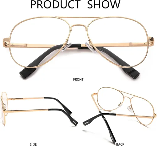 Vista 5 de Gafas de aviador clásicas para mujeres y hombres, marco de metal retro, lentes transparentes sin receta, 2.283 in