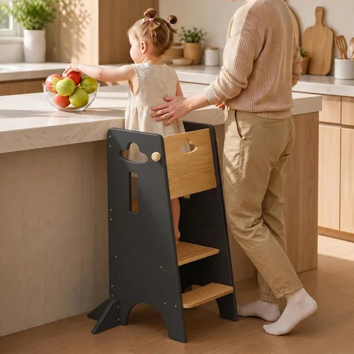 Vista 11 de COSYLAND - Taburete de pie para niños ajustables en altura - Taburete de cocina para niños súper estable con panel protector - Taburete de cocina