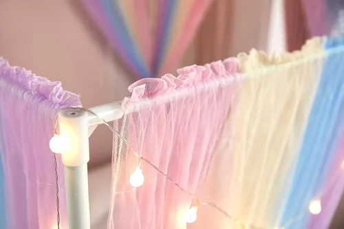Vista 5 de Akiky Cortinas de Cama con Dosel con Luces de 4 Postes Esquineros para Adultos y Niñas, Cortinas de Cama con Red de Arcoíris - 8 Paneles