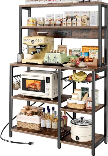 Vista 10 de SUPERJARE Estante de panadería con toma de corriente, barra de café de 35.4 pulgadas con canasta de alambre, soporte para microondas de cocina con 6
