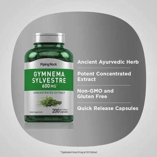 Vista 4 de Piping Rock Gymnema Sylvestre Suplementos 200 cápsulas Extracto de hierbas concentrado Sin OMG y sin gluten