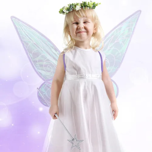 Vista 8 de Diadema floral con alas de hada y estrella para niñas y mujeres disfraz de Halloween alas de ángel para vestir a fiestas