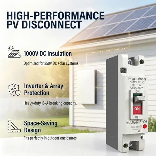 Vista 2 de Heschen 63A DC250V, disyuntor de caja moldeada CC MCCB, 1 polos, HSM1PV-125, disyuntor fotovoltaico, para sistema solar fotovoltaico sistema de red