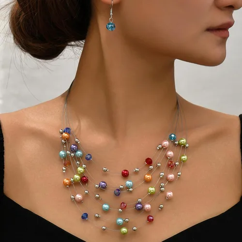 Vista 3 de YANCHUN Gargantilla de perlas para mujer, collar largo de perlas y aretes para mujer, rojo, negro, morado, blanco, rosa, collar de perlas gruesas