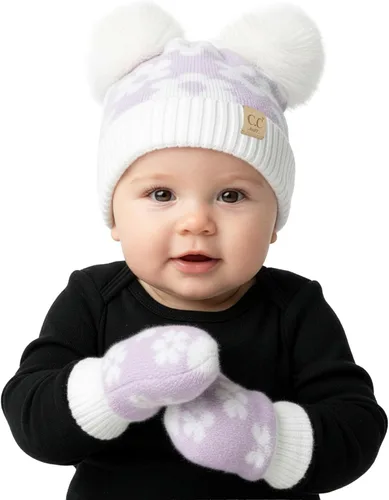 Vista 15 de Funky Junque Conjunto de gorro y mitones con doble pompón de pelo sintético para bebé – Gorro de invierno para recién nacidos de 0–9 meses