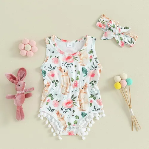 Vista 2 de AEEMCEM Traje de Pascua para bebé recién nacida, con estampado floral, sin mangas, con borla, mameluco de una pieza con diadema